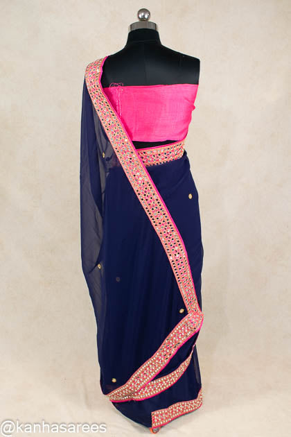 Georgette Mirror Work border Saree - KANHASAREE