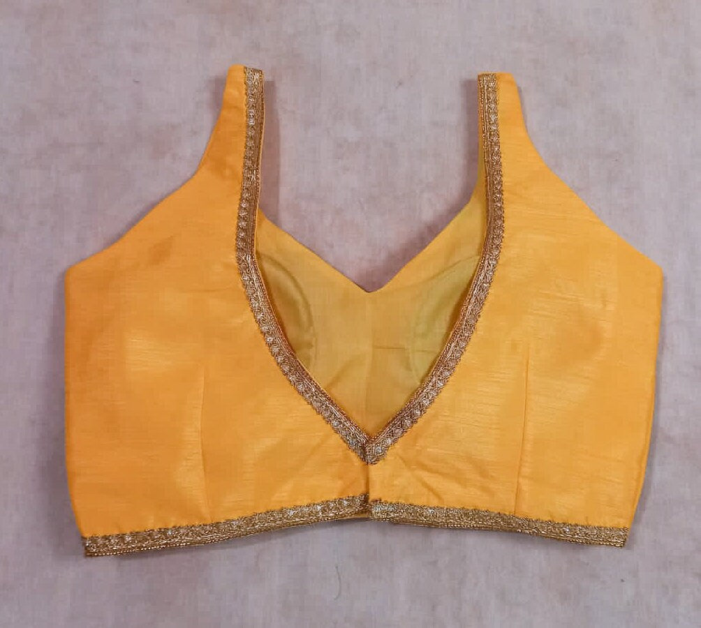 Yellow Sari Blouse, Indian Cut Sleeves Sweetheart Neck, Lace Trim Backside, Stylish Partywear Top