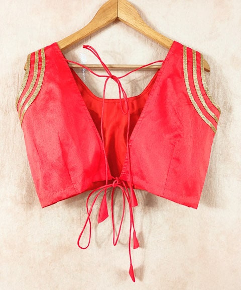 Women Raw silk Blouse, Back Open Sari Top, Sleeveless Crop Top Designer Blouse
