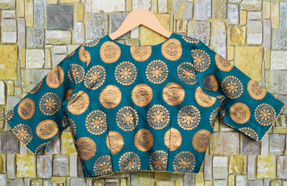 Designer Peacock Blue Brocade Choli Blouse, Lace V-Neck, Custom Made & Padded Party Wear Top - Perfect Fit