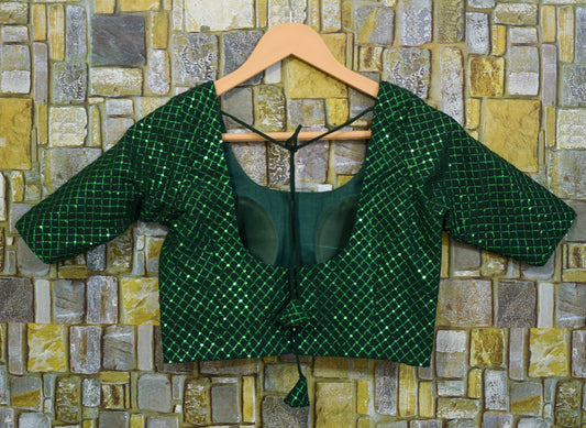 Green saree blouse sequin custom crop top embellished saree top indian ethnic wear elegant saree blouse customised micro crop top - Kanhasarees by ksds