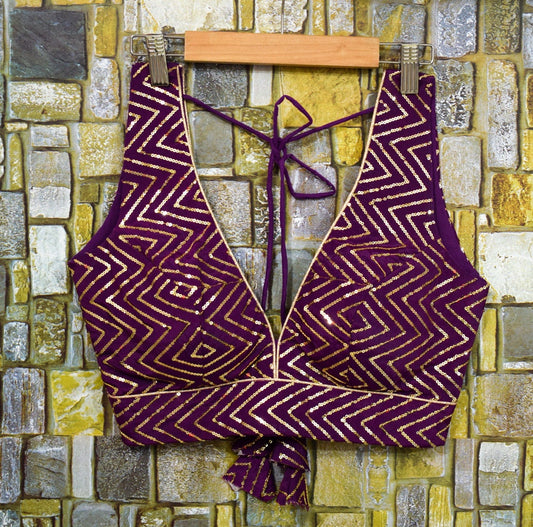 Custom Wine Color Sequin Blouse for Weddings & Parties Elegant V-Neck Sleeveless Blouse - Customizable Fit Perfect for Indian wedding - Kanhasarees by ksds