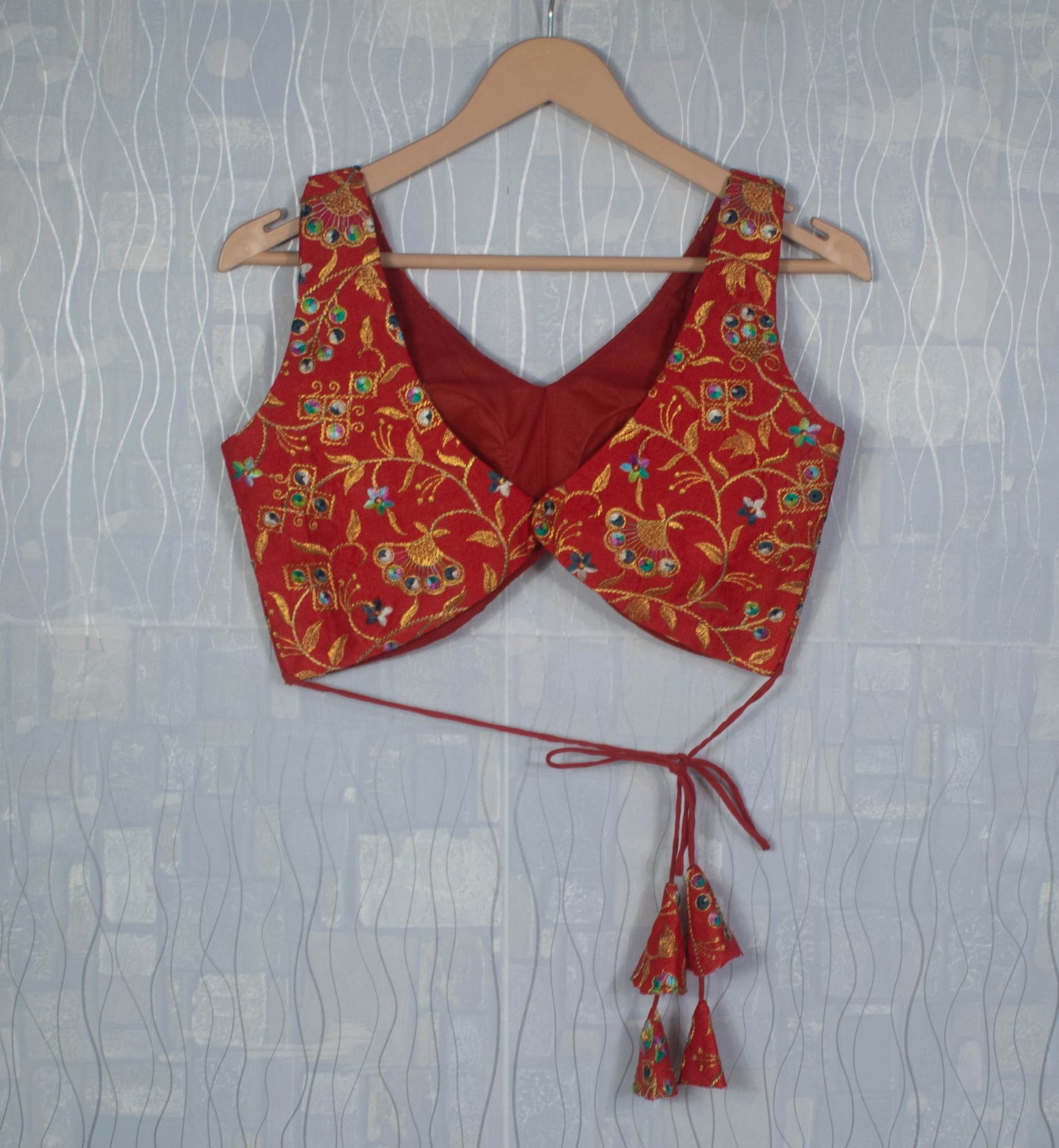 Red Embroidered Sleeveless Blouse for Saree or Lehenga - Custom-Made