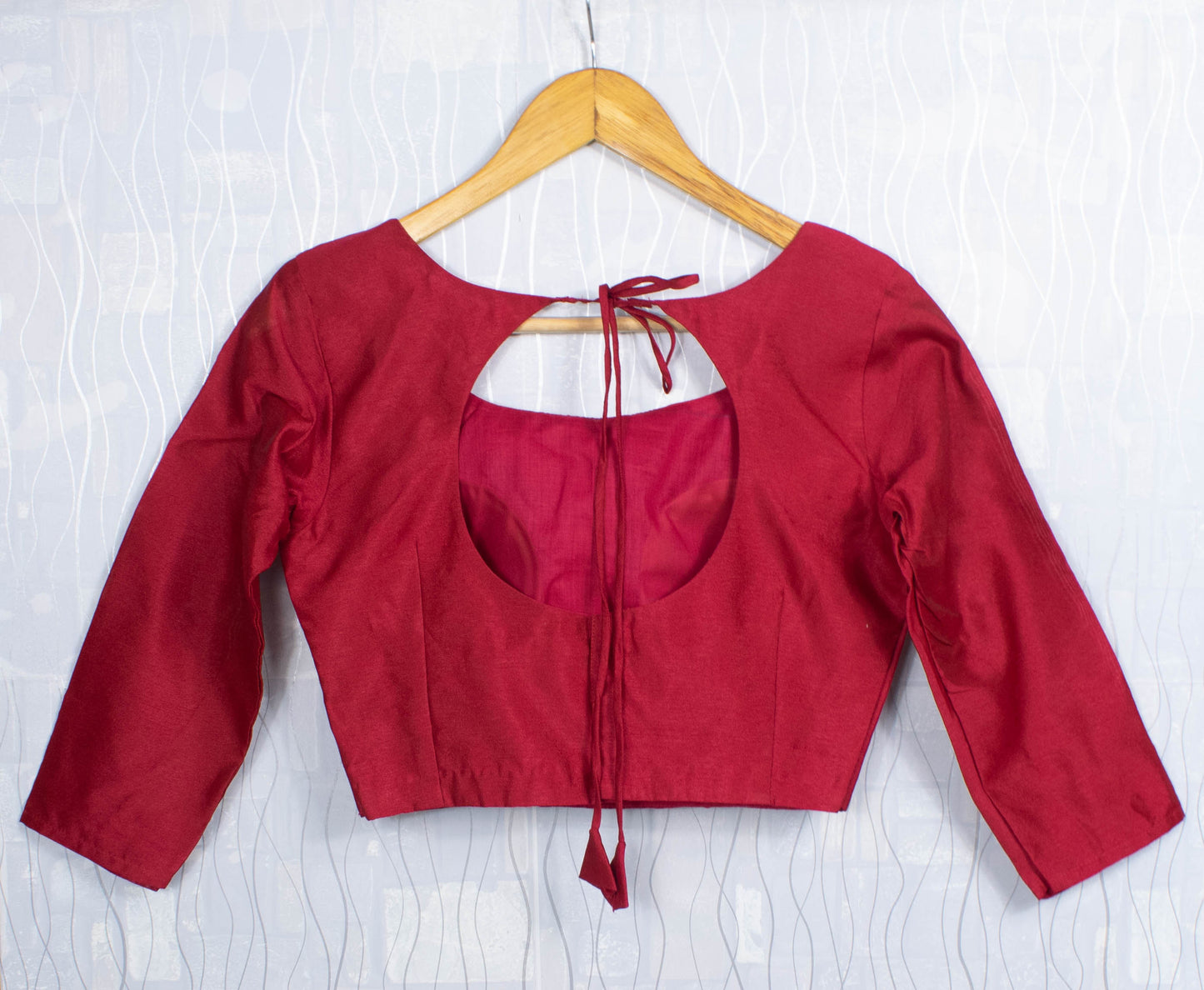 Cherry Red Dhupion Silk Padded Blouse - 3/4 Sleeves, Back Open, Round Neck, Dori & Tassels, Designer Saree Top