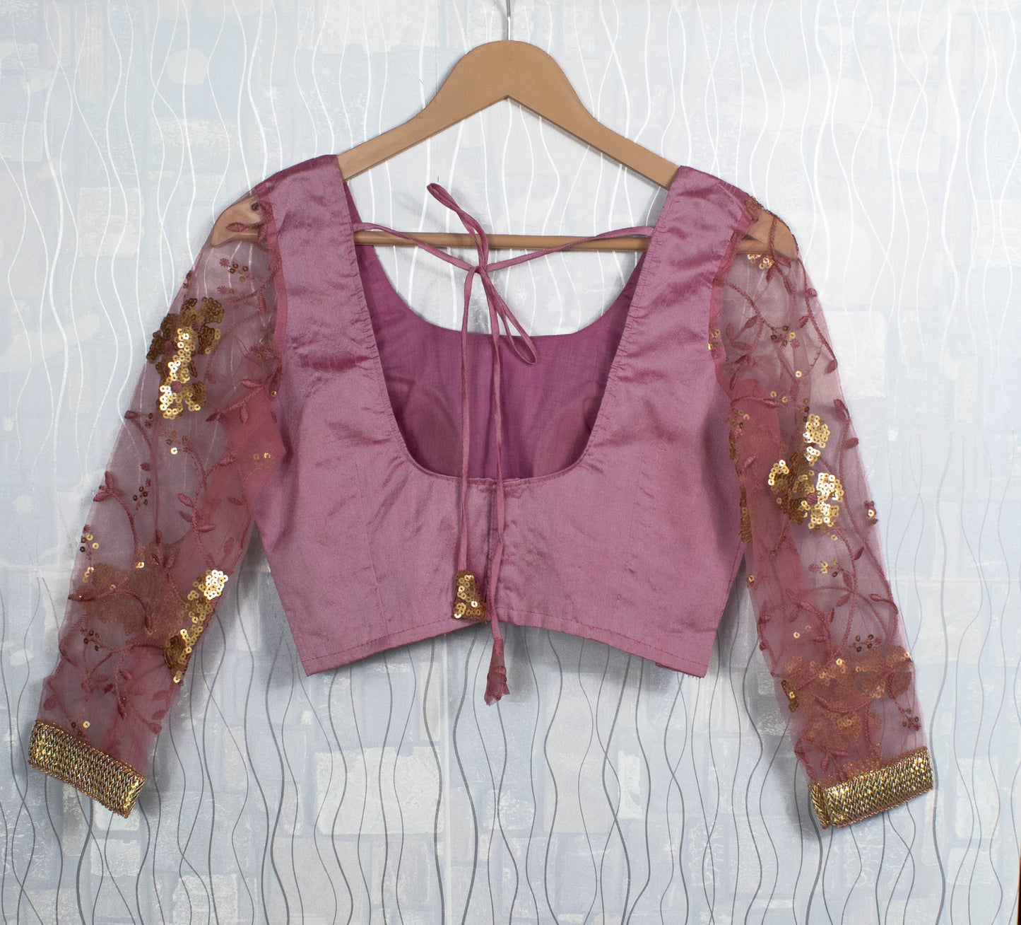 Raw Silk Round Neck Blouse, Back Open, Padded with Dori & Tassels, Full-Length Sequin Net Sleeves, Gold Lace Trim