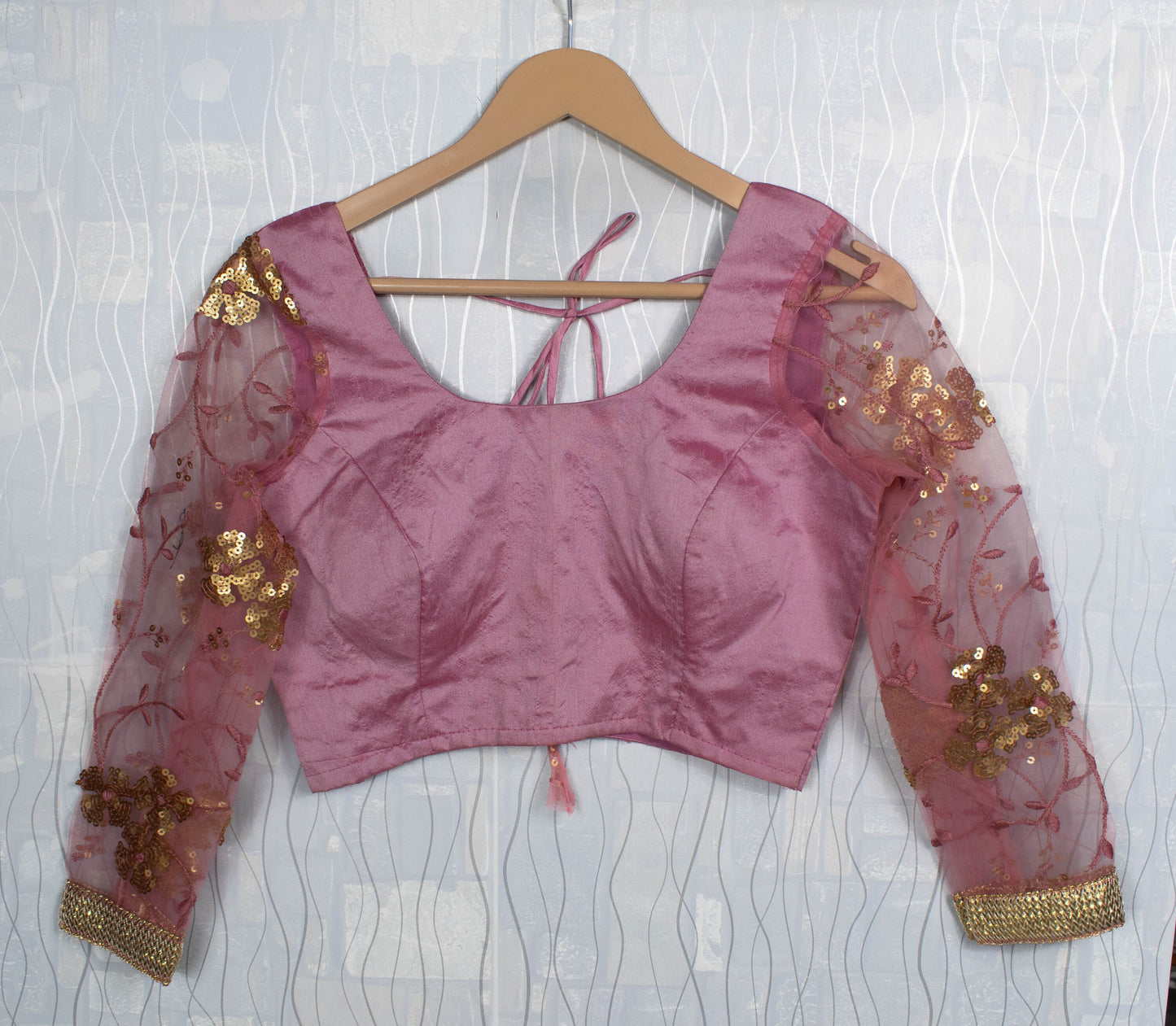 Raw Silk Round Neck Blouse, Back Open, Padded with Dori & Tassels, Full-Length Sequin Net Sleeves, Gold Lace Trim