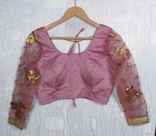 Raw Silk Round Neck Blouse, Back Open, Padded with Dori & Tassels, Full-Length Sequin Net Sleeves, Gold Lace Trim