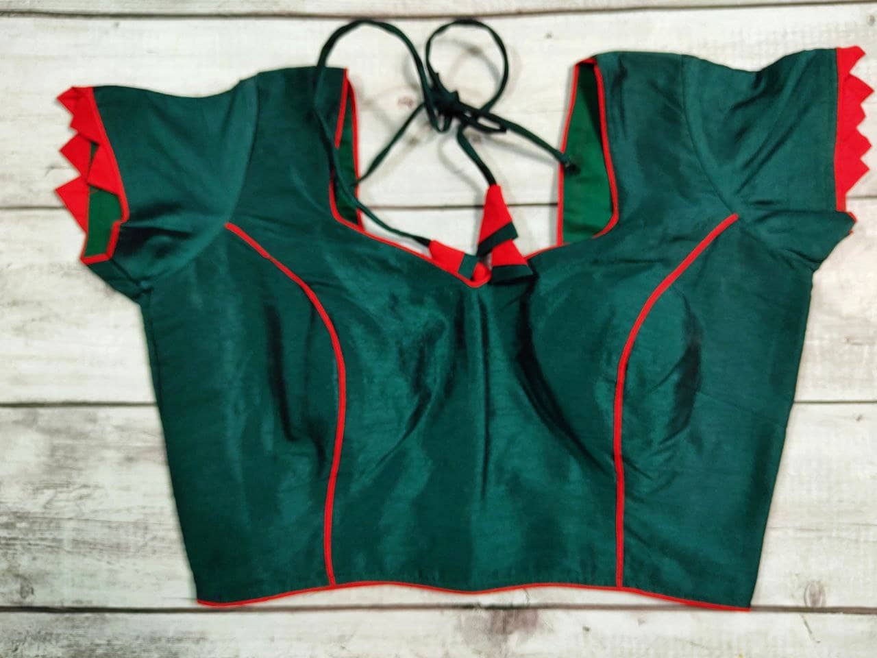 Dark green Raw silk Blouse, Back Open Sari Top, designer sleeve Crop Top Blouse | Indian Saree blouse