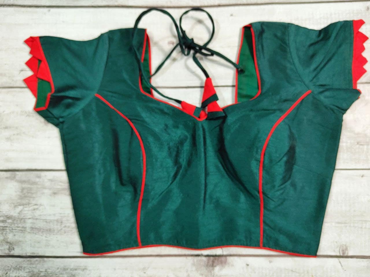 Dark green Raw silk Blouse, Back Open Sari Top, designer sleeve Crop Top Blouse | Indian Saree blouse