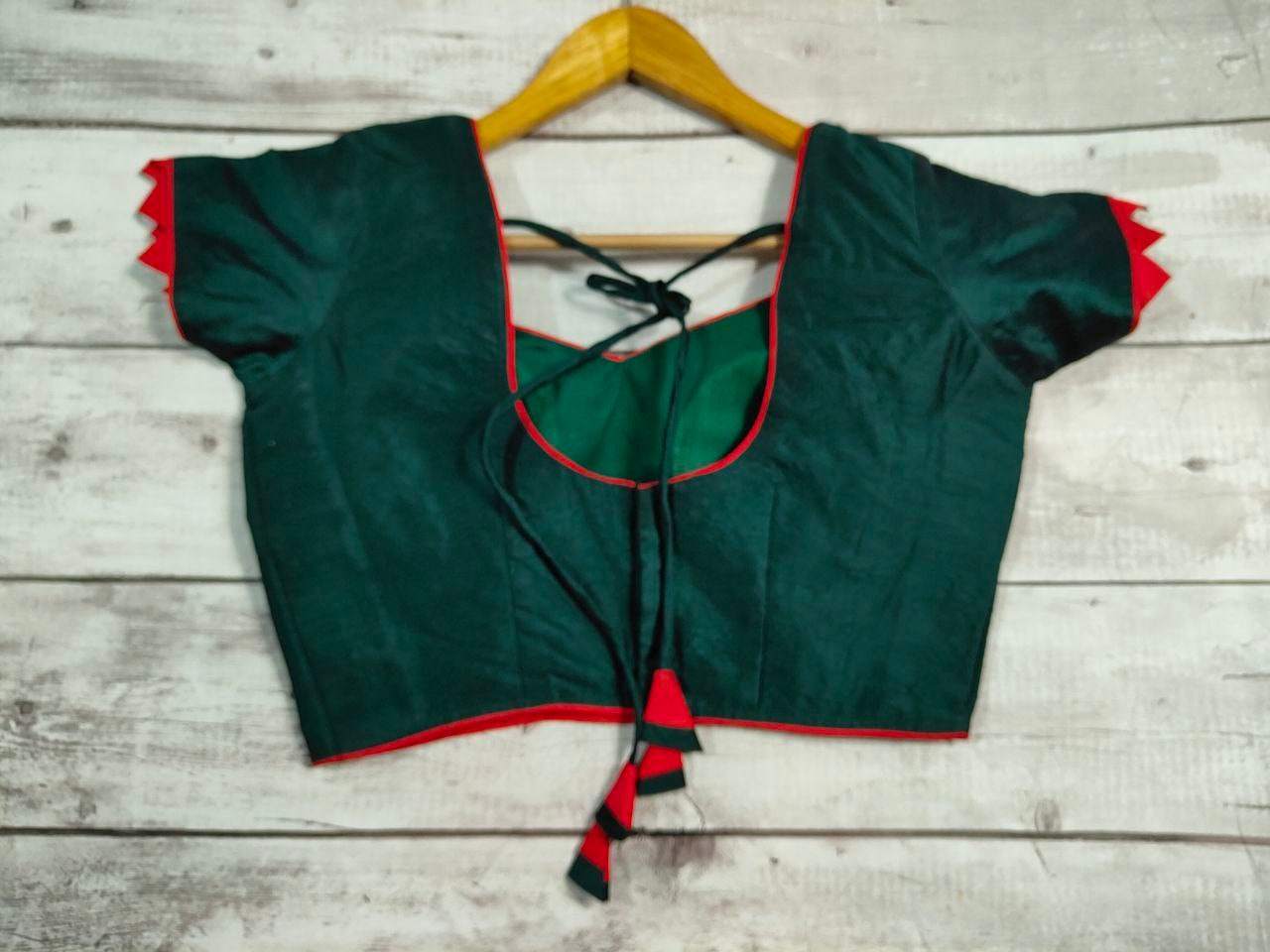 Dark green Raw silk Blouse, Back Open Sari Top, designer sleeve Crop Top Blouse | Indian Saree blouse
