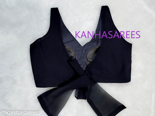 Custom V Neck Black Georgette Blouse Sleeveless Back Open Party Blouse Choli Lehenga Indian ethnic Made to order Blouse Flower knot - Kanhasarees by ksds