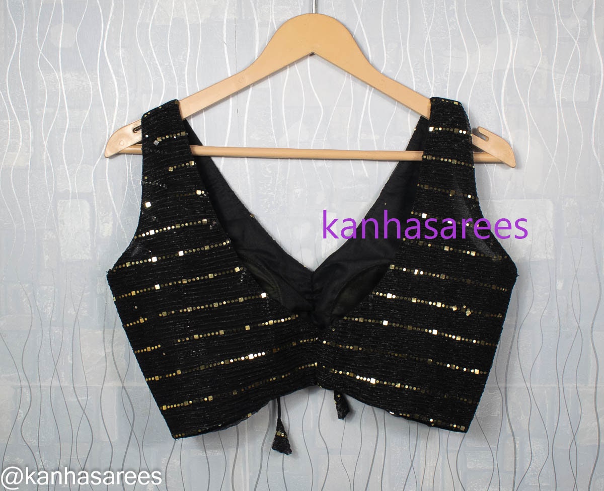 Made to order Indian saree blouse Black sequence designer blouse Ethnic wear indian crop top choli for lehenga Party wear sleeveless blouse
