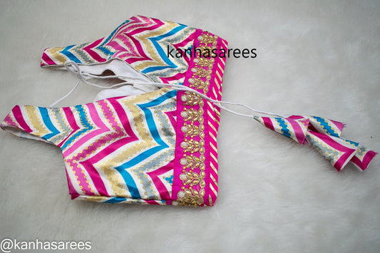 Designer Made-to-Order Multicolour Chevron Leheriya Blouse, V-neck with Back Open, Tussles & Dori, Customizable Silk Crop Top - Kanhasarees by ksds