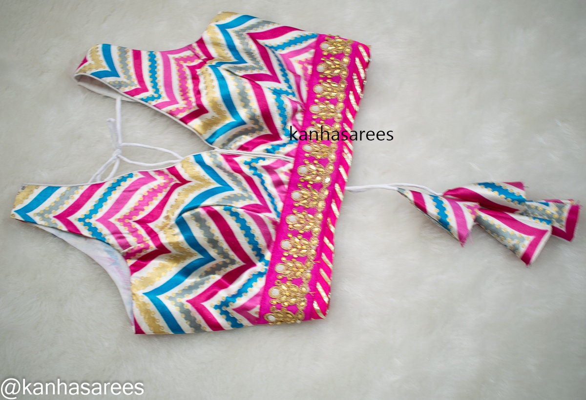 Designer Made-to-Order Multicolour Chevron Leheriya Blouse, V-neck with Back Open, Tussles & Dori, Customizable Silk Crop Top