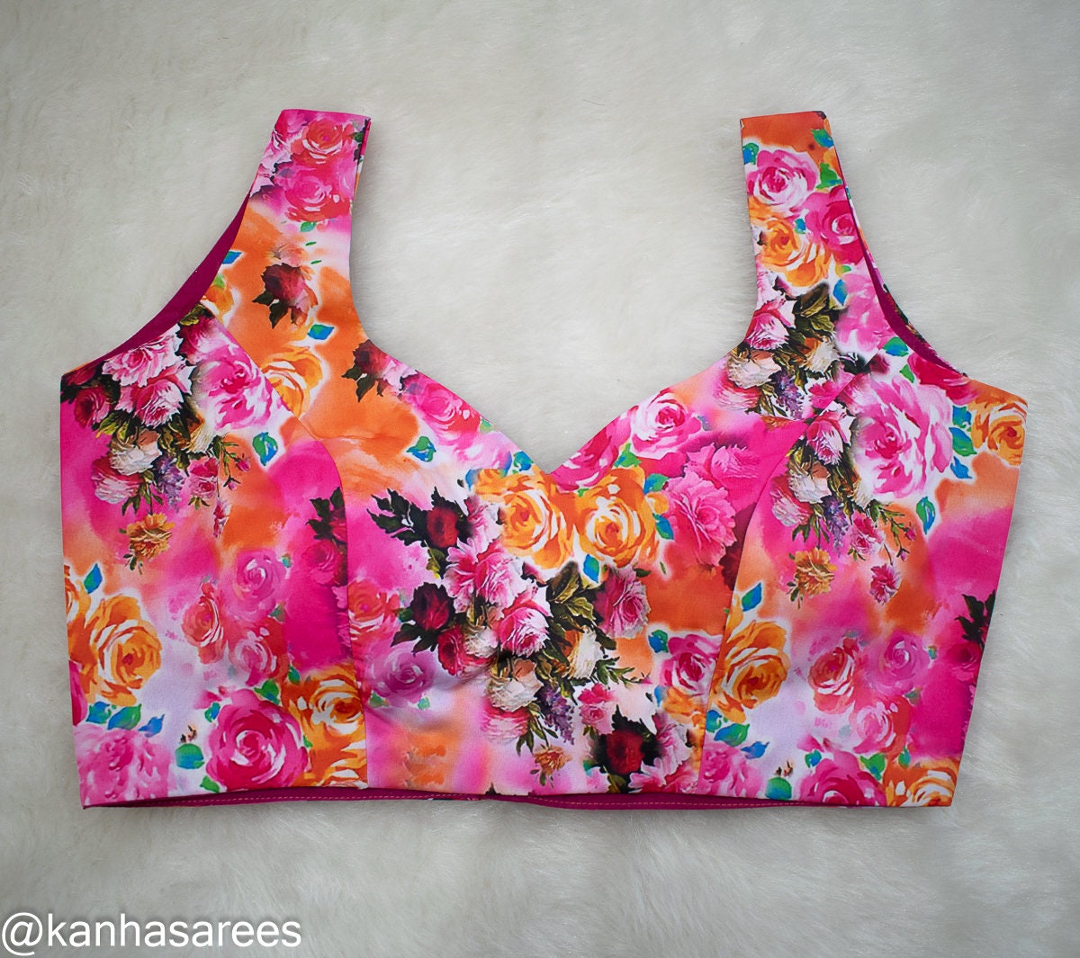 Made to order Art Silk Blouse with Flower Print - Back Open, Sleeveless , Princess cut Floral blouse - Ideal for Indian Functions Parties