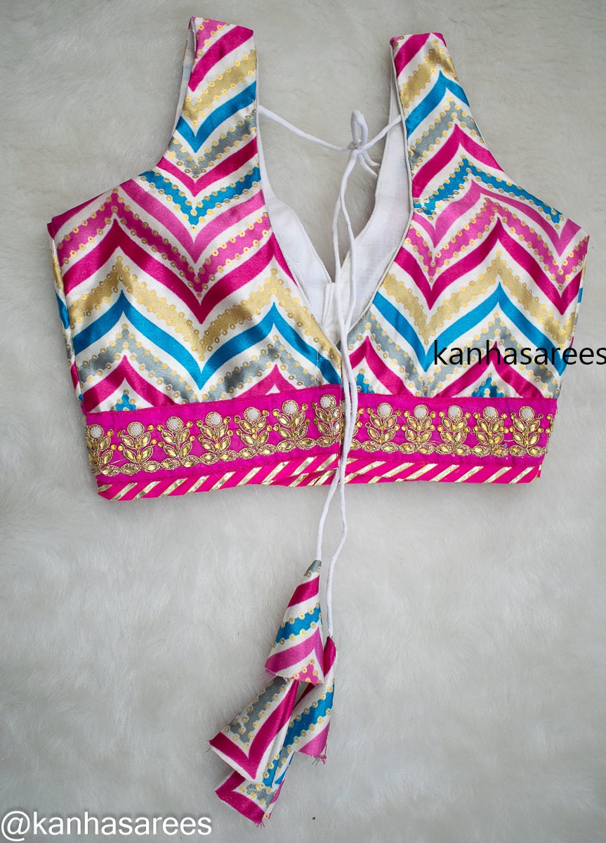 Designer Made-to-Order Multicolour Chevron Leheriya Blouse, V-neck with Back Open, Tussles & Dori, Customizable Silk Crop Top