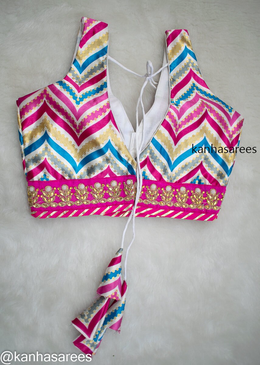 Designer Made-to-Order Multicolour Chevron Leheriya Blouse, V-neck with Back Open, Tussles & Dori, Customizable Silk Crop Top