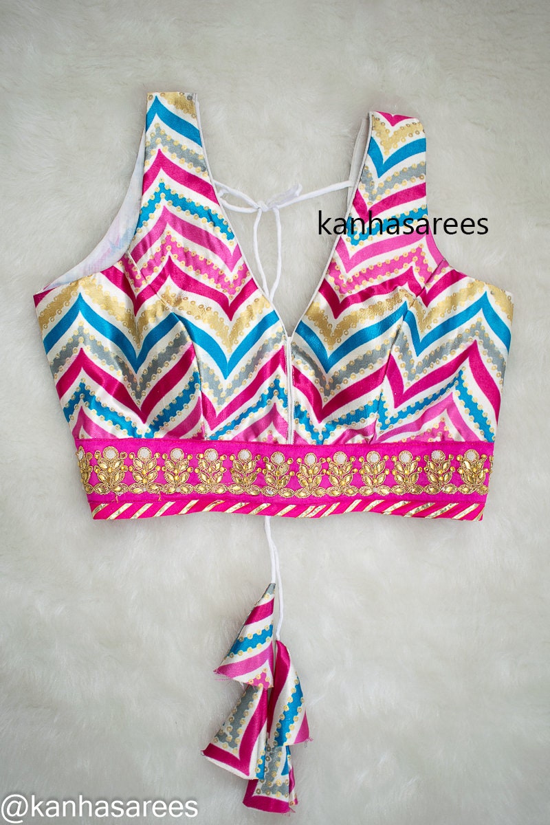 Designer Made-to-Order Multicolour Chevron Leheriya Blouse, V-neck with Back Open, Tussles & Dori, Customizable Silk Crop Top