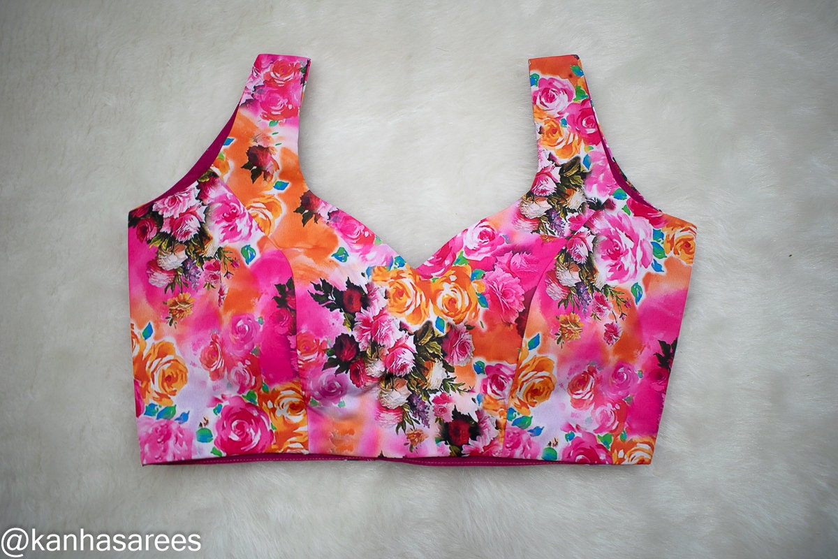 Made to order Art Silk Blouse with Flower Print - Back Open, Sleeveless , Princess cut Floral blouse - Ideal for Indian Functions Parties