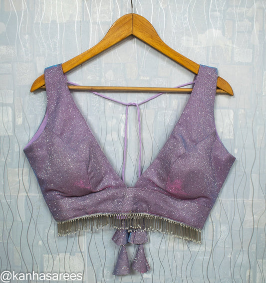 Made to order Deep plunge Blouse Light Purple Designer Silk Shimmer Glitter Blouse  V Neck, Sleeveless  Bollywood Choli Indian Ethnic Wear