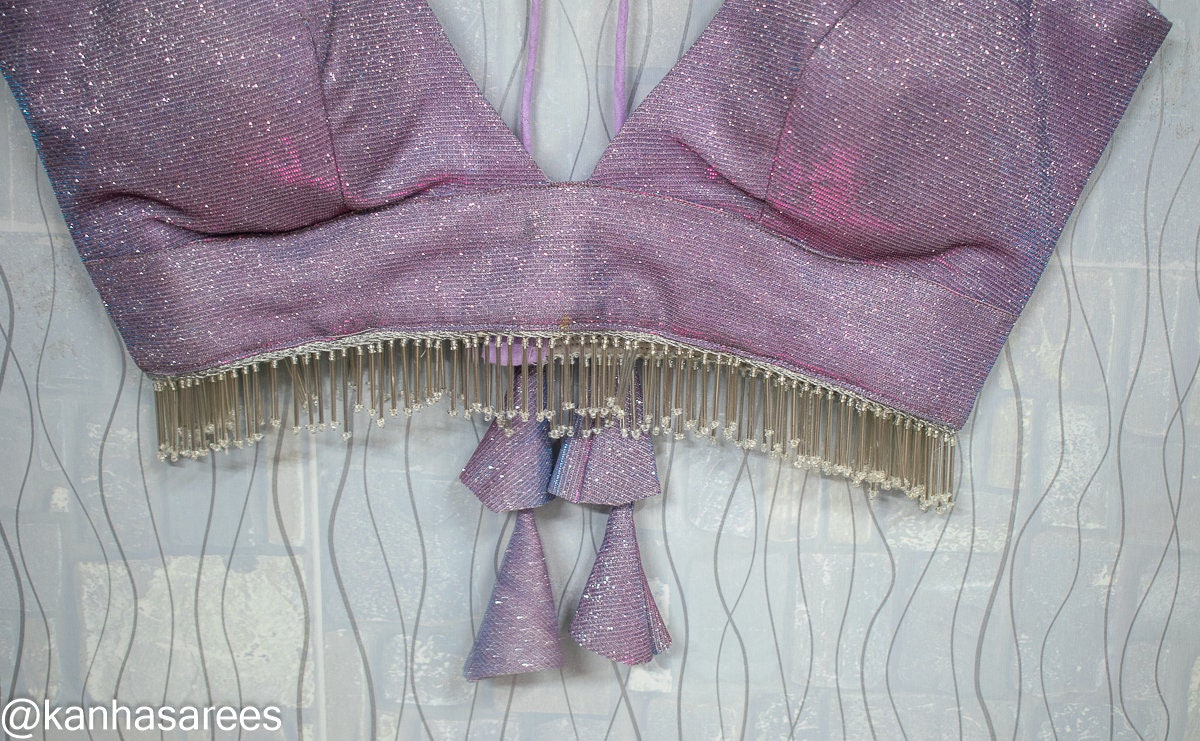 Made to order Deep plunge Blouse Light Purple Designer Silk Shimmer Glitter Blouse V Neck, Sleeveless Bollywood Choli Indian Ethnic Wear