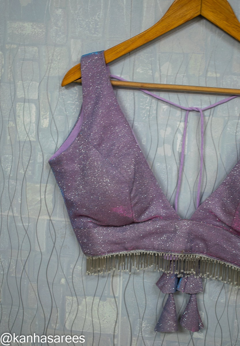 Made to order Deep plunge Blouse Light Purple Designer Silk Shimmer Glitter Blouse V Neck, Sleeveless Bollywood Choli Indian Ethnic Wear