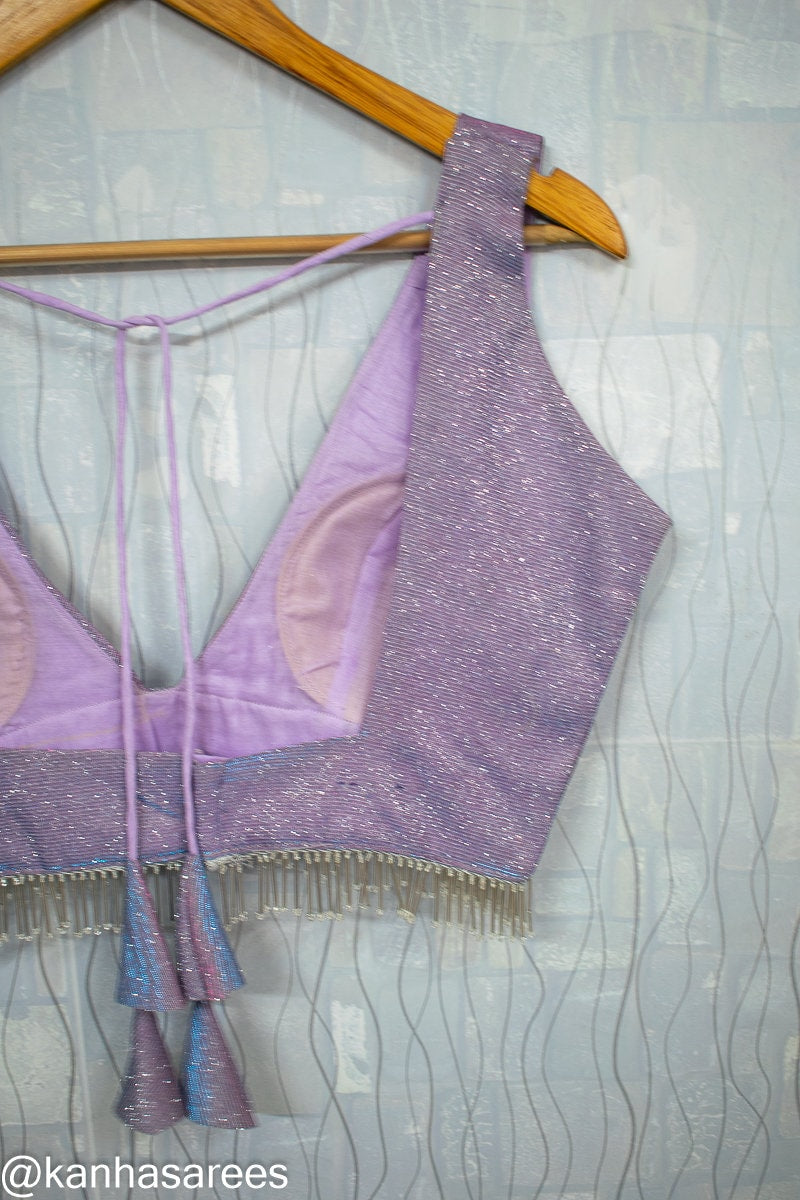 Made to order Deep plunge Blouse Light Purple Designer Silk Shimmer Glitter Blouse V Neck, Sleeveless Bollywood Choli Indian Ethnic Wear