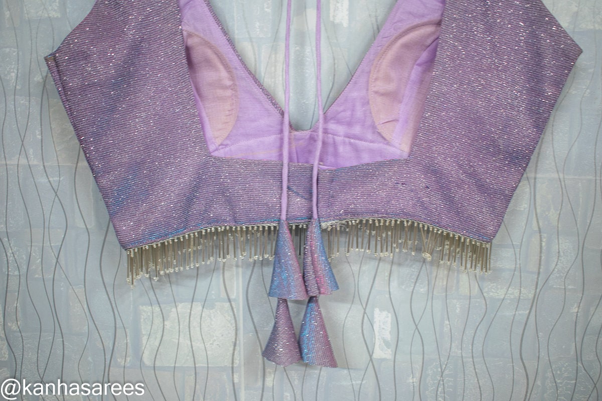 Made to order Deep plunge Blouse Light Purple Designer Silk Shimmer Glitter Blouse V Neck, Sleeveless Bollywood Choli Indian Ethnic Wear