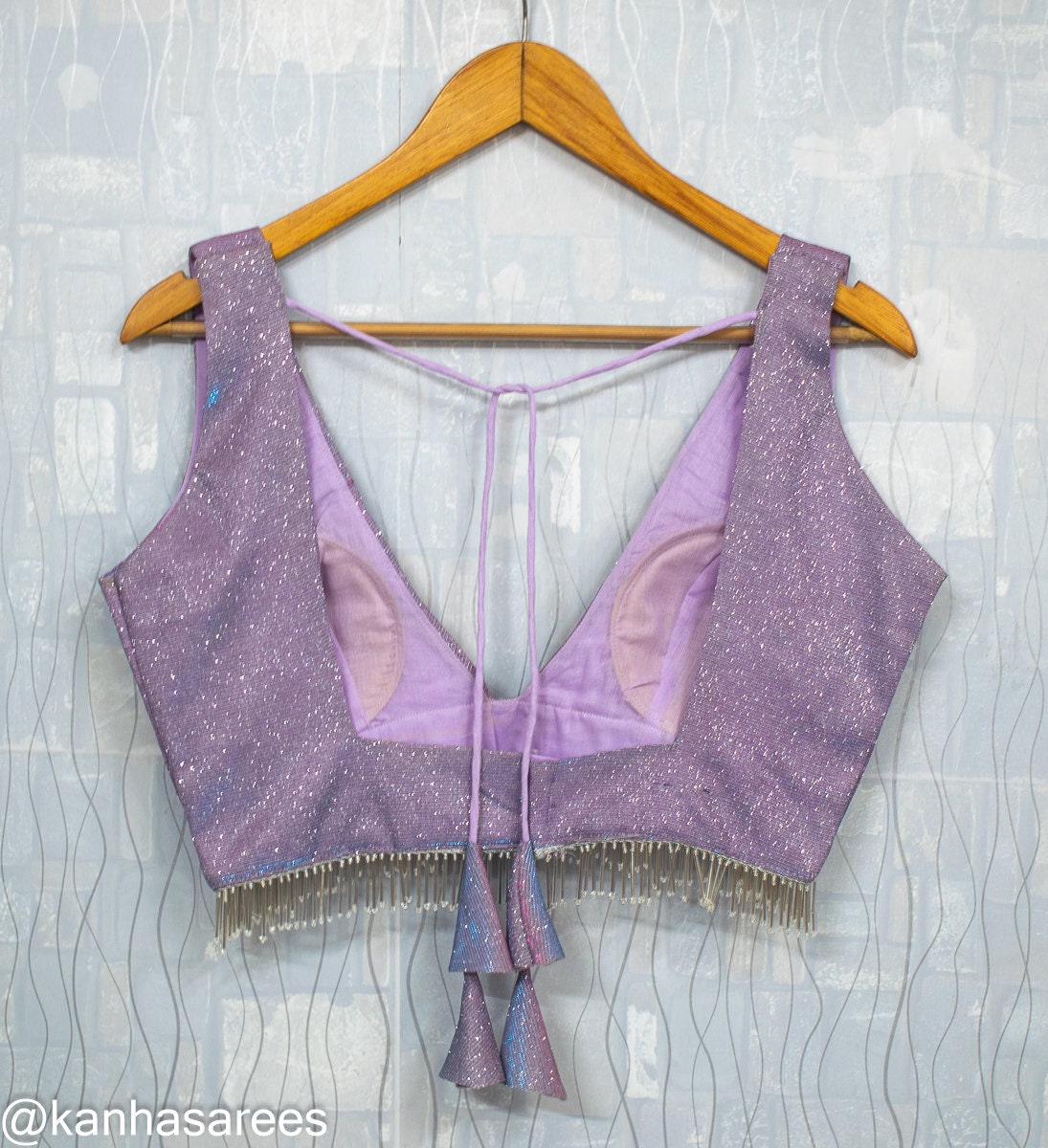 Made to order Deep plunge Blouse Light Purple Designer Silk Shimmer Glitter Blouse V Neck, Sleeveless Bollywood Choli Indian Ethnic Wear