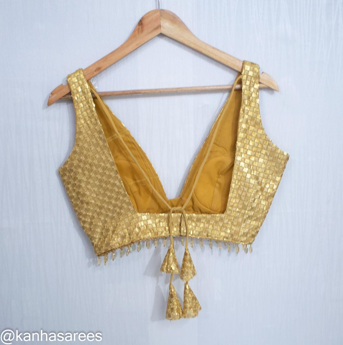 Made To Order Gold Saree Blouse - Elegant Sequin Golden Custom Crop Top Sleeveless Lehenga Choli with Deep Plunge Neckline