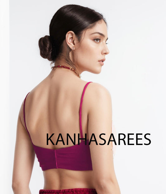 Deep Plune Pink Silk Saree Blouse – Readymade, Padded Sleeveless V Neck Crop Top for Sarees - Sweetheart Neck Designer Ethnic Wear - Kanhasarees by ksds