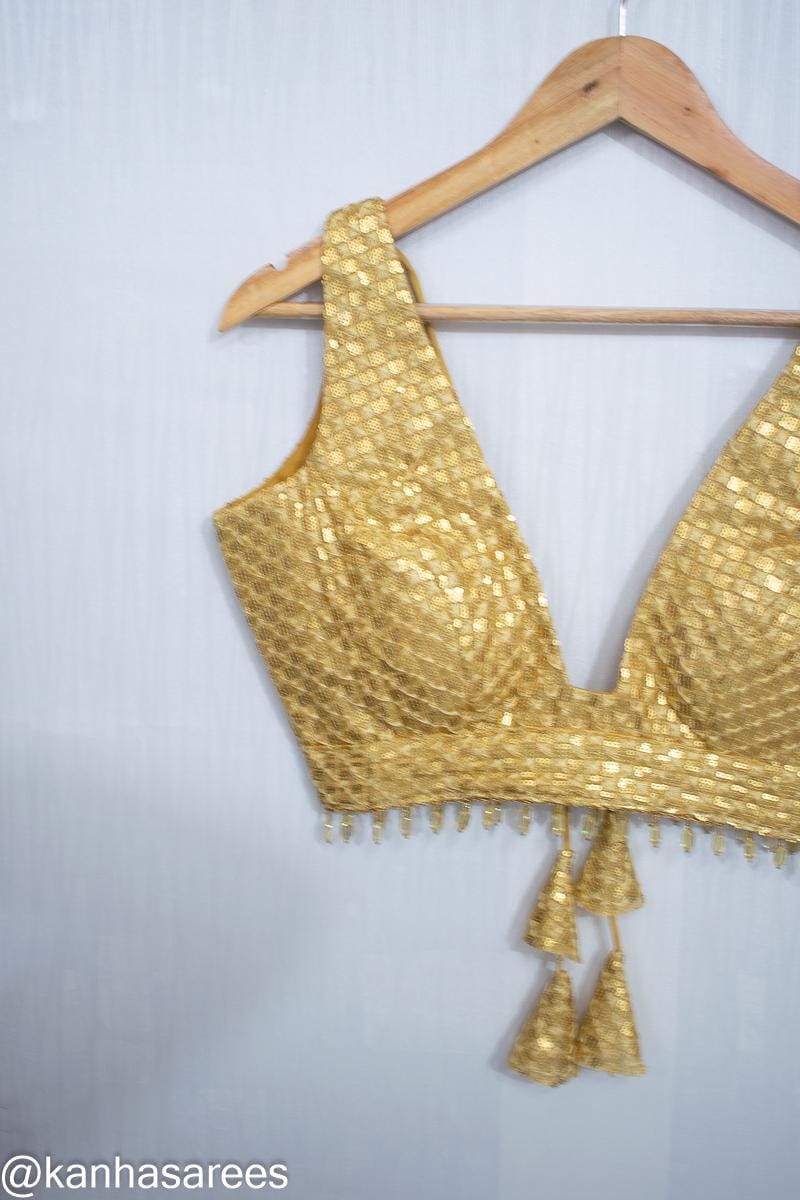 Made To Order Gold Saree Blouse - Elegant Sequin Golden Custom Crop Top Sleeveless Lehenga Choli with Deep Plunge Neckline