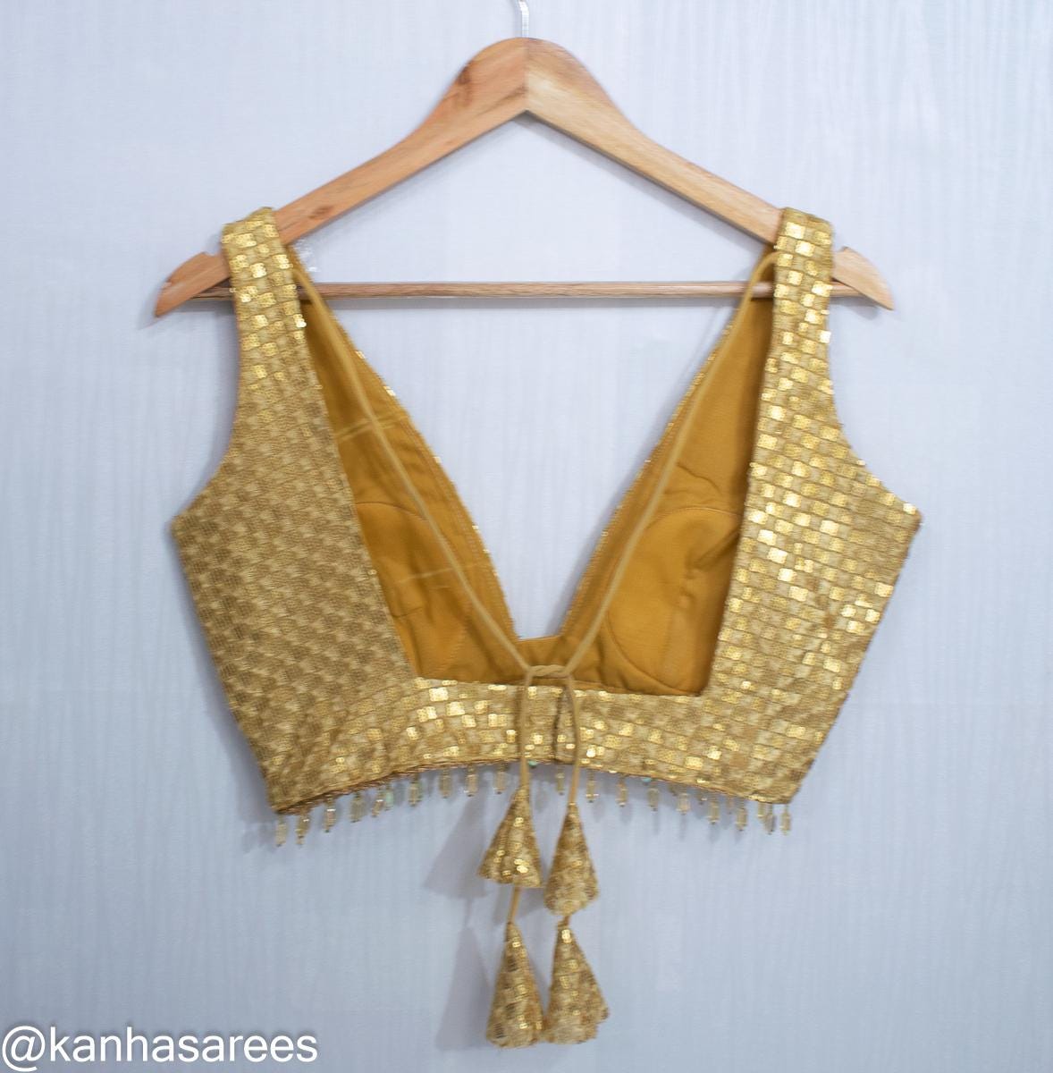 Made To Order Gold Saree Blouse - Elegant Sequin Golden Custom Crop Top Sleeveless Lehenga Choli with Deep Plunge Neckline