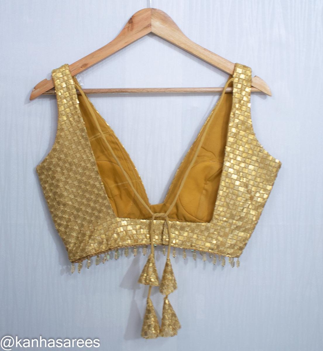Made To Order Gold Saree Blouse - Elegant Sequin Golden Custom Crop Top Sleeveless Lehenga Choli with Deep Plunge Neckline