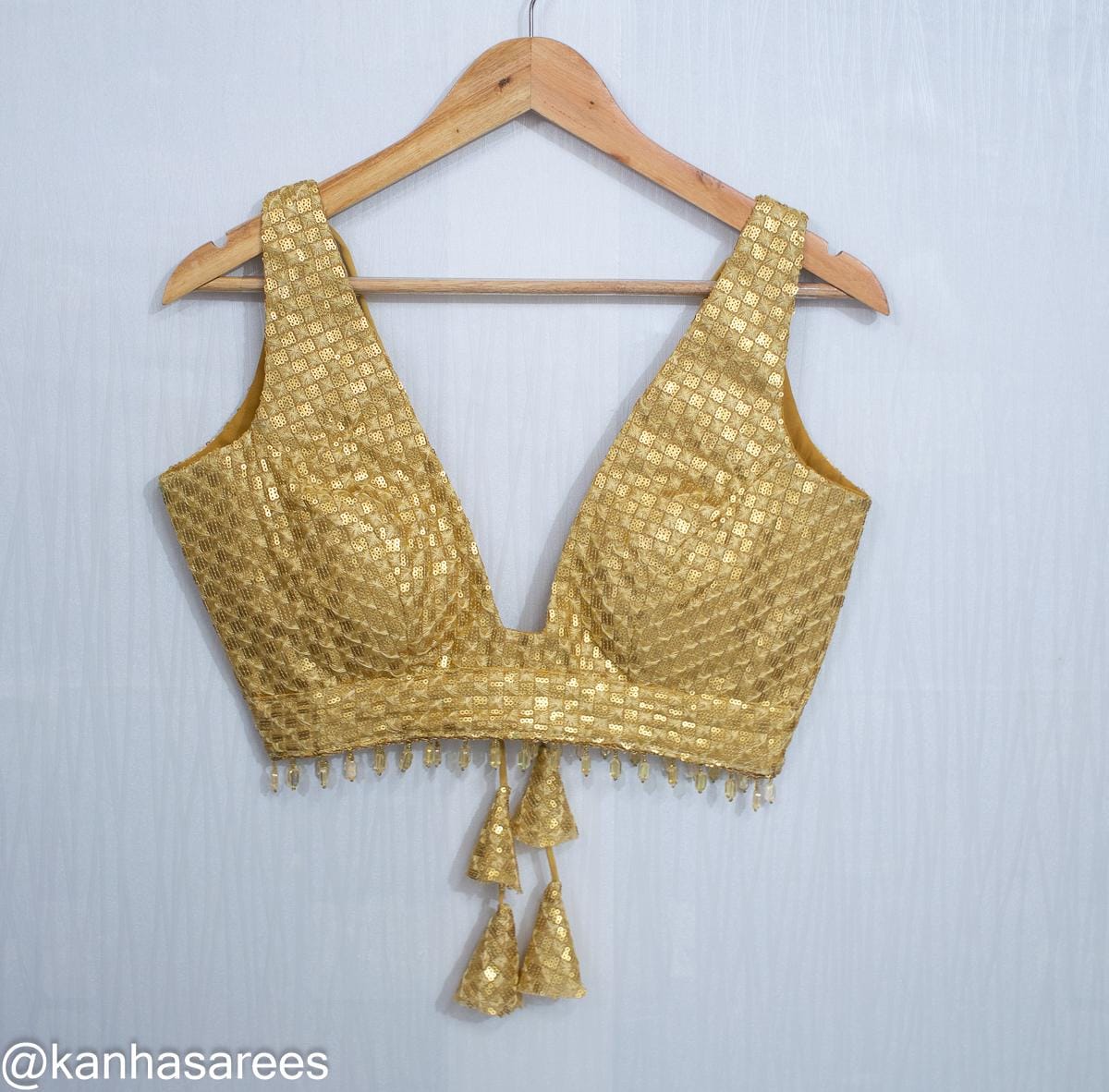 Made To Order Gold Saree Blouse - Elegant Sequin Golden Custom Crop Top Sleeveless Lehenga Choli with Deep Plunge Neckline