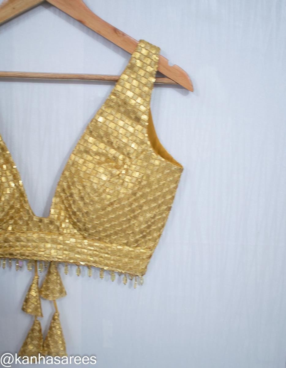 Made To Order Gold Saree Blouse - Elegant Sequin Golden Custom Crop Top Sleeveless Lehenga Choli with Deep Plunge Neckline