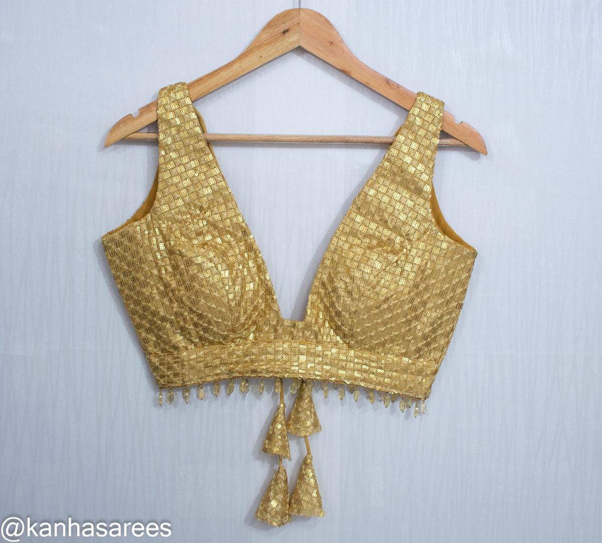 Made To Order Gold Saree Blouse - Elegant Sequin Golden Custom Crop Top Sleeveless Lehenga Choli with Deep Plunge Neckline