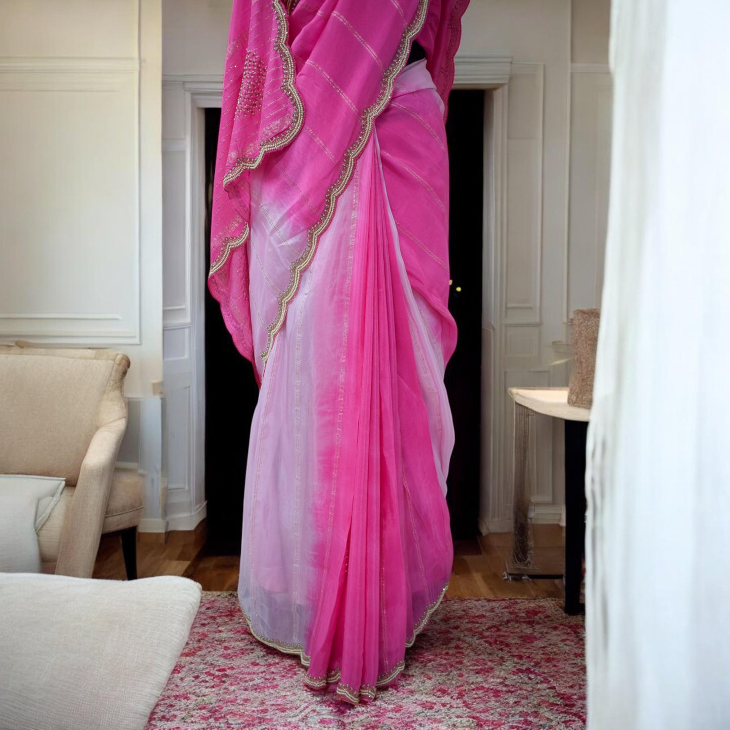 Pink Designer Saree - Party Wear, Wedding Guest, Bridal Attire with Pearl Work Zari detailing for Festive Events Receptions