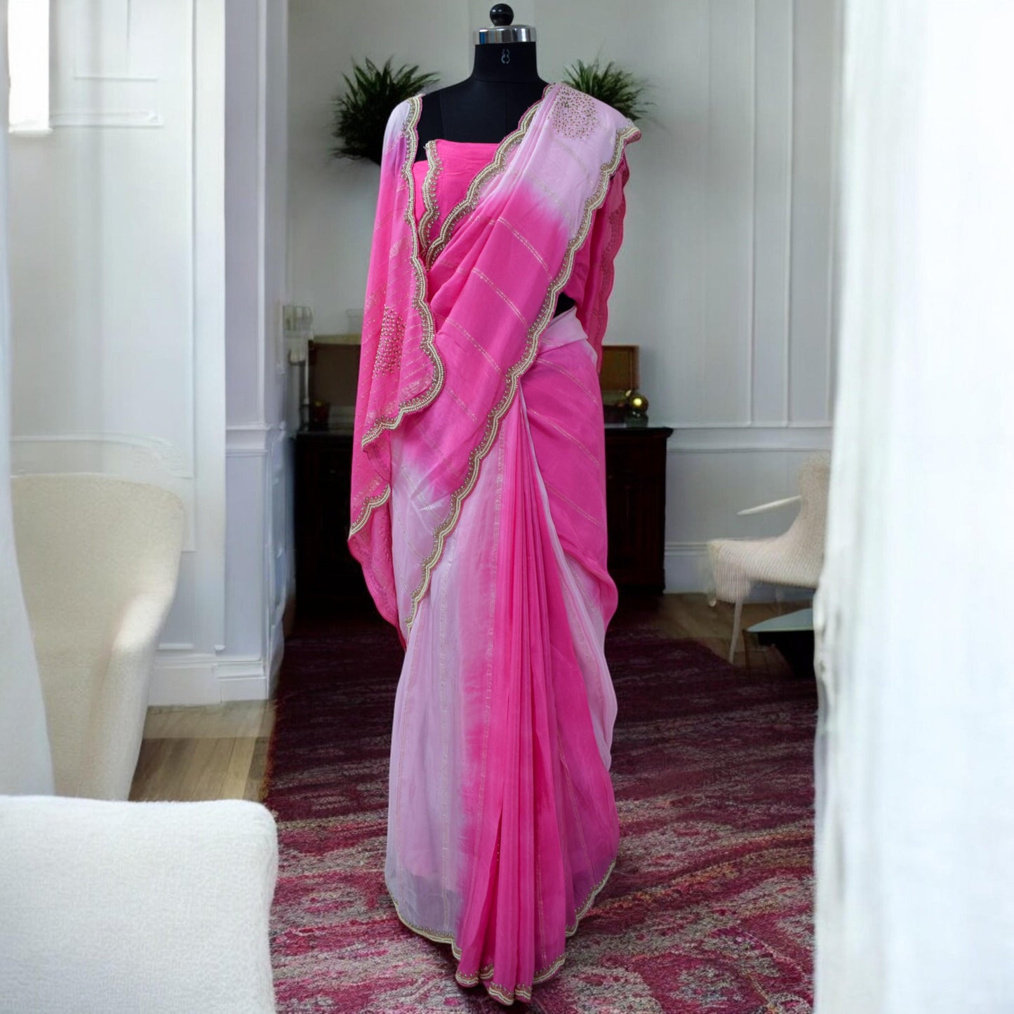 Pink Designer Saree - Party Wear, Wedding Guest, Bridal Attire with Pearl Work Zari detailing for Festive Events Receptions