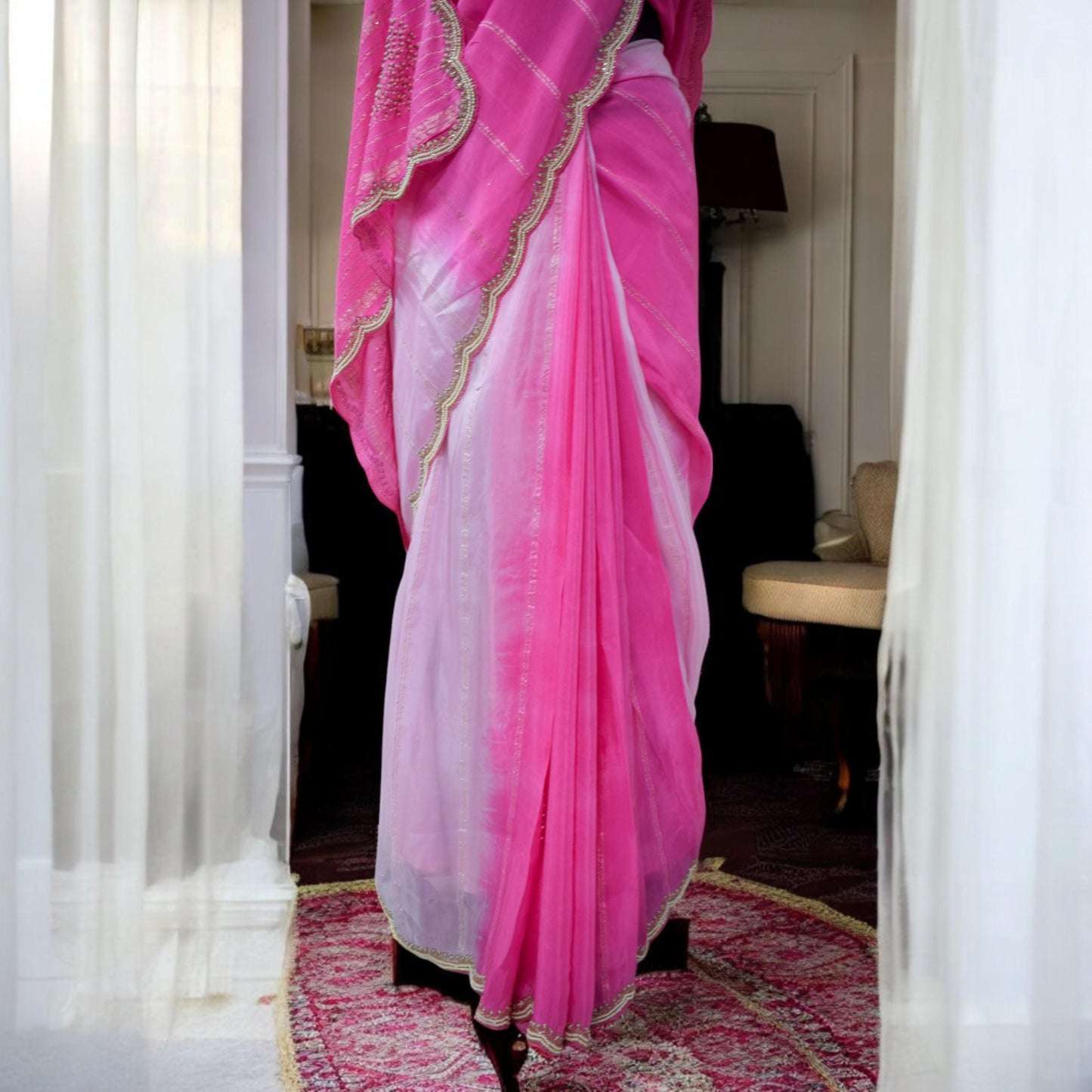 Pink Designer Saree - Party Wear, Wedding Guest, Bridal Attire with Pearl Work Zari detailing for Festive Events Receptions