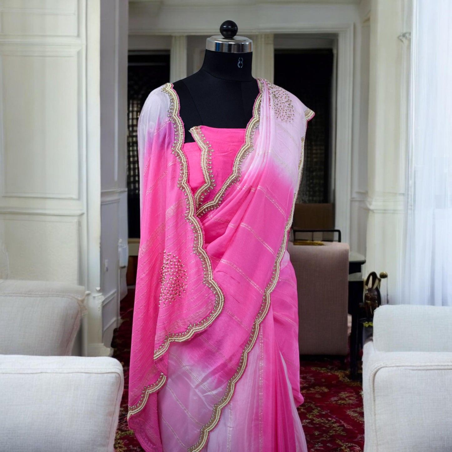 Pink Designer Saree - Party Wear, Wedding Guest, Bridal Attire with Pearl Work Zari detailing for Festive Events Receptions