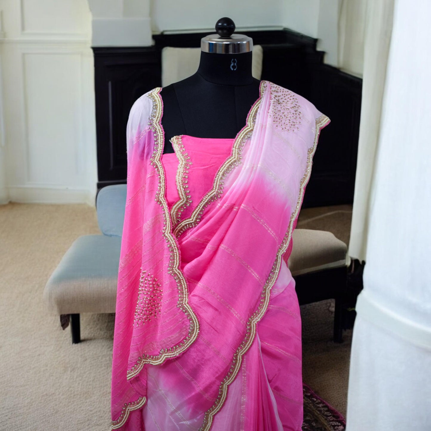 Pink Designer Saree - Party Wear, Wedding Guest, Bridal Attire with Pearl Work Zari detailing for Festive Events Receptions