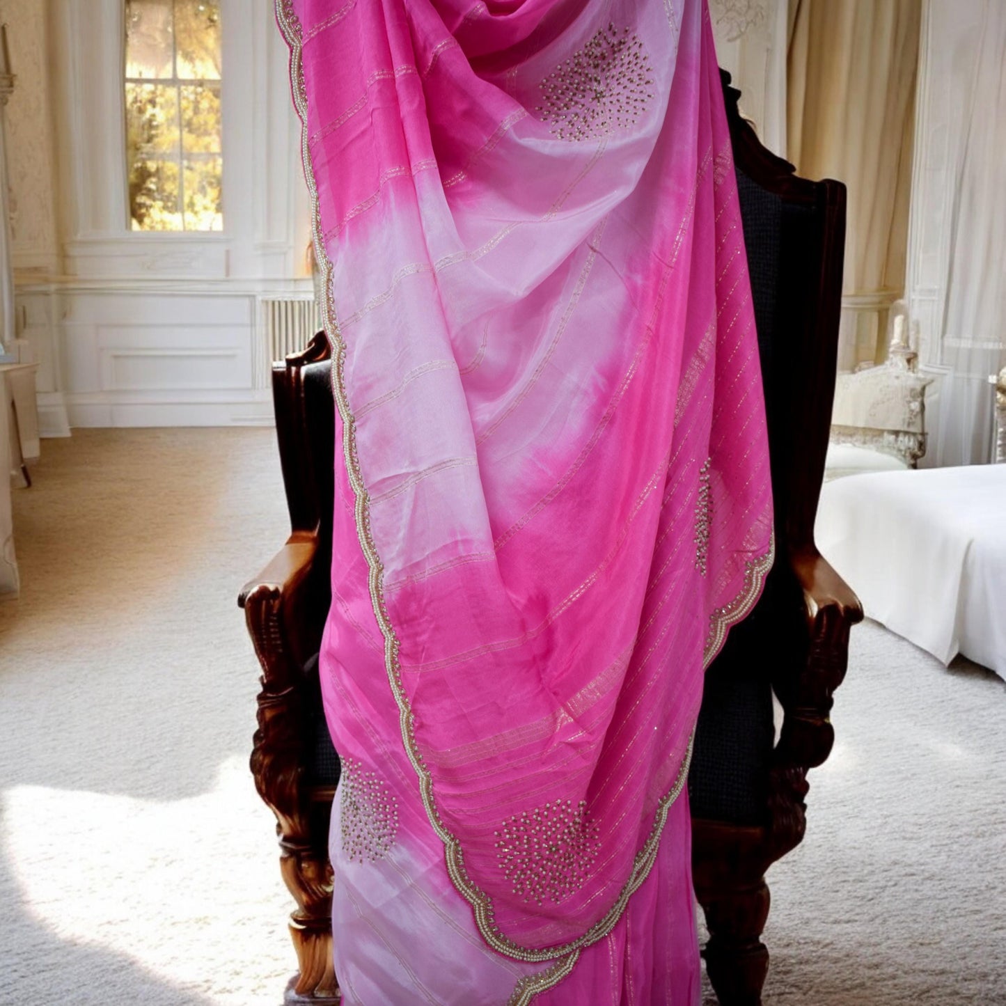 Pink Designer Saree - Party Wear, Wedding Guest, Bridal Attire with Pearl Work Zari detailing for Festive Events Receptions