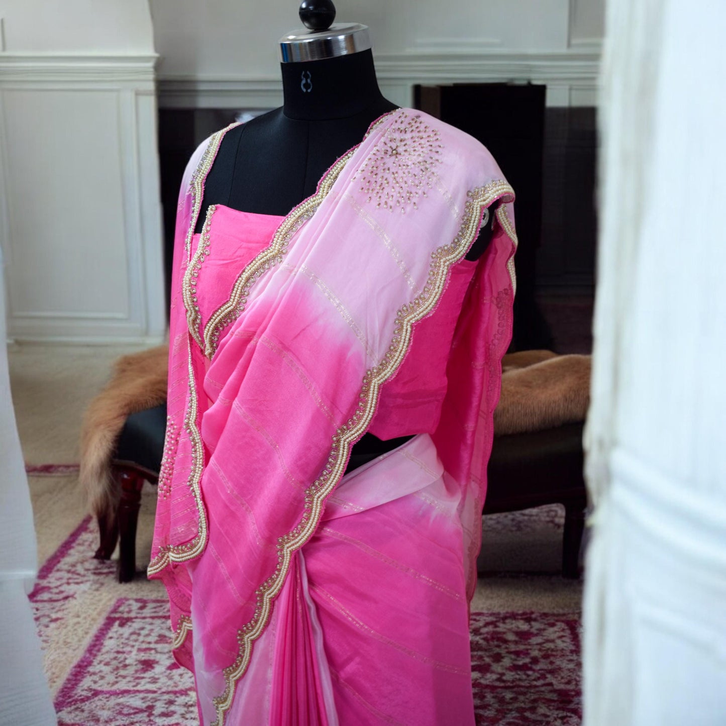 Pink Designer Saree - Party Wear, Wedding Guest, Bridal Attire with Pearl Work Zari detailing for Festive Events Receptions