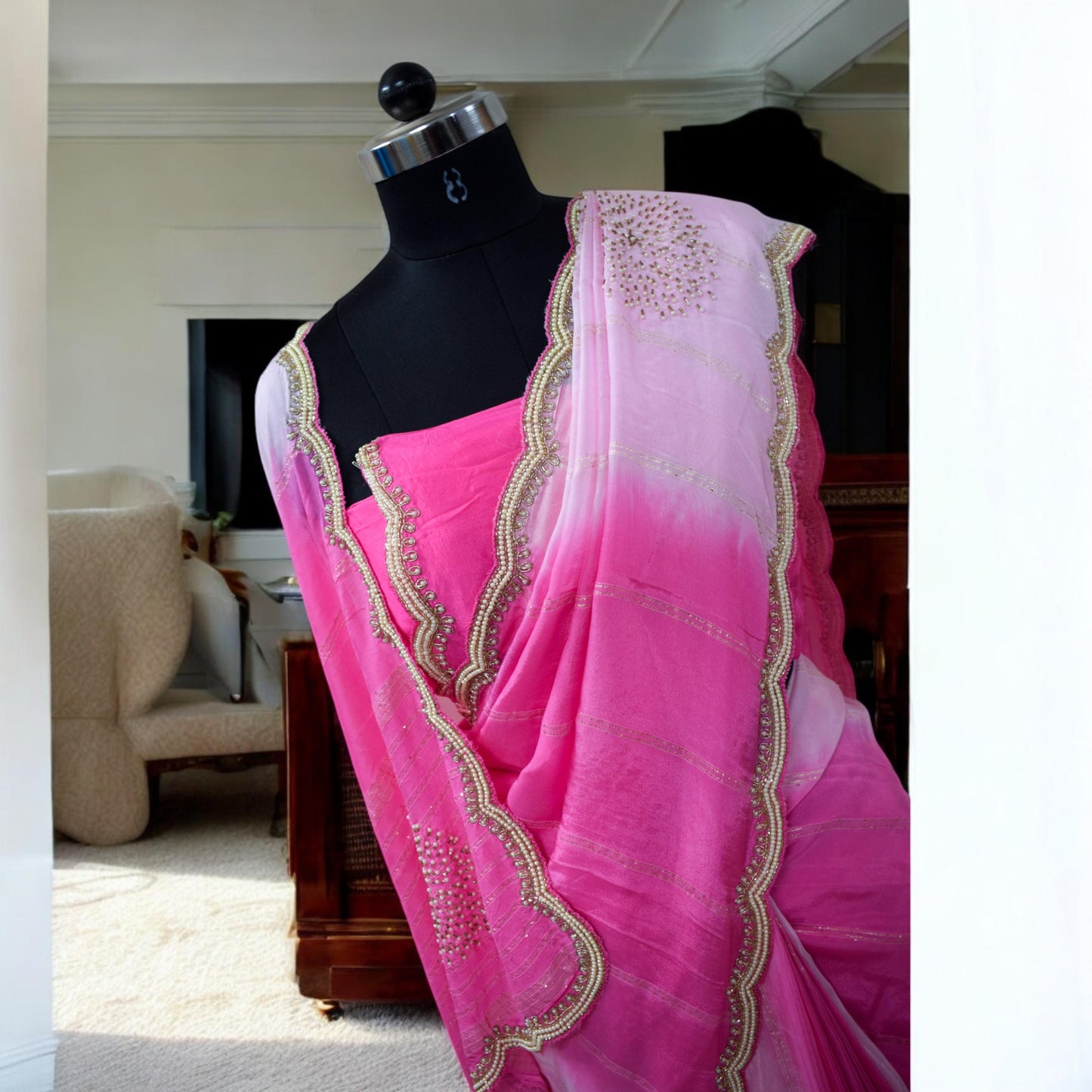 Pink Designer Saree - Party Wear, Wedding Guest, Bridal Attire with Pearl Work Zari detailing for Festive Events Receptions