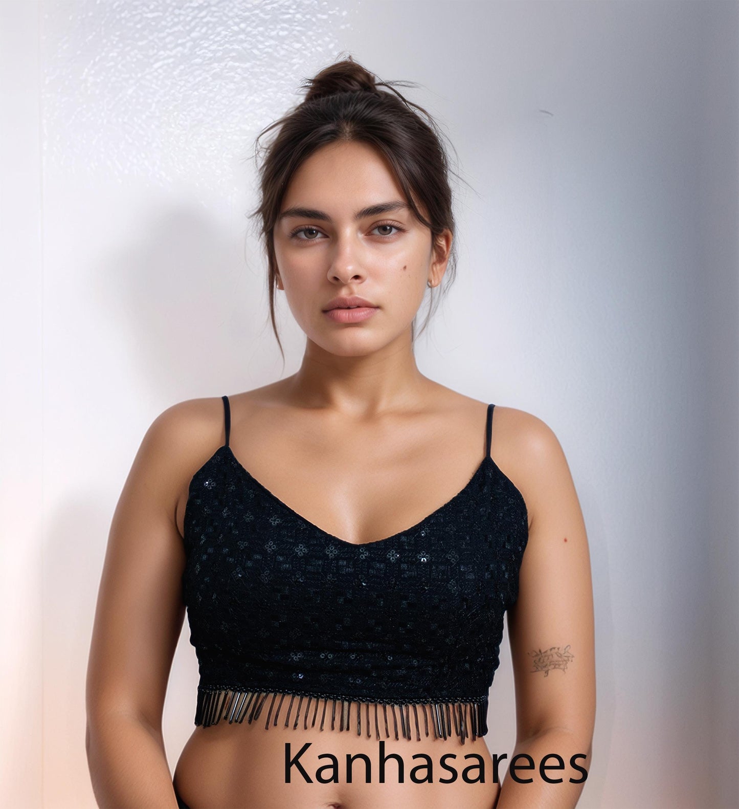 Customised Sequin Blouse | Glamorous Sparkly Party Top | Black Spaghetti Strap Sari Blouse, Embellished, Unique Design