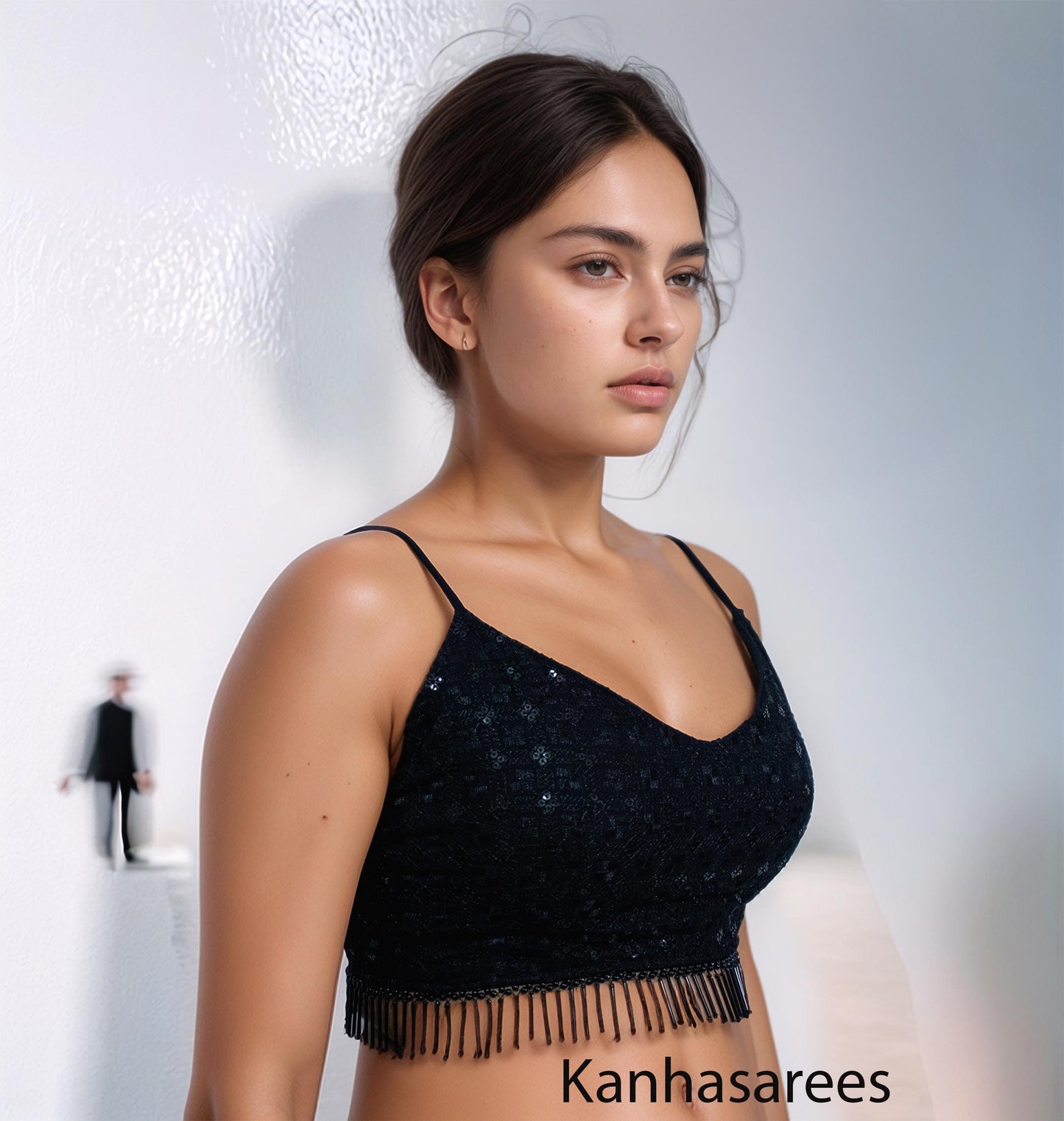 Customised Sequin Blouse | Glamorous Sparkly Party Top | Black Spaghetti Strap Sari Blouse, Embellished, Unique Design