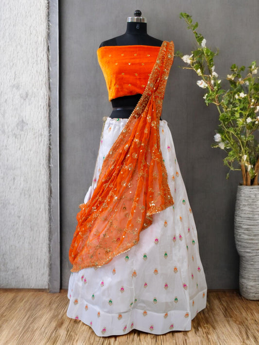 White and Orange Lehenga Choli Set – Custom Size Indian Wedding Outfit – Haldi & Mehendi Wear