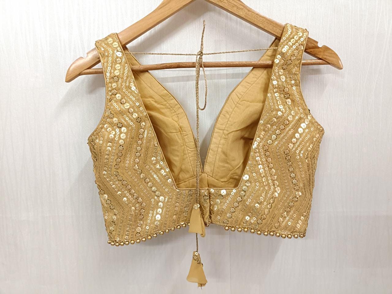 Indian Wedding Blouse Crop Top Gold Sequin Party Wear for Bride Celebration Top Sleeveless Style Cotton Lining Padded Blouse Indian Design