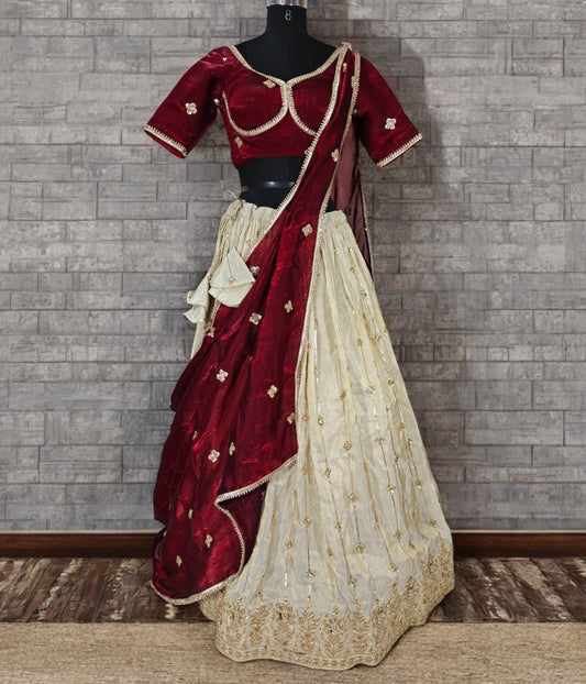 Maroon and Gold Tissue Lehenga Choli – Plus Size Indian Wedding Outfit – Size 42 Ready to Ship